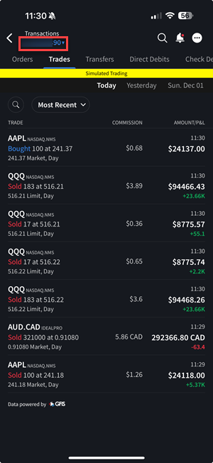 The view trades by account on the iPhone. 